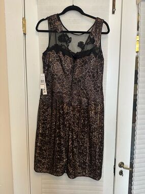 Kay Unger Black Lace Cocktail Dress with Copper Accents